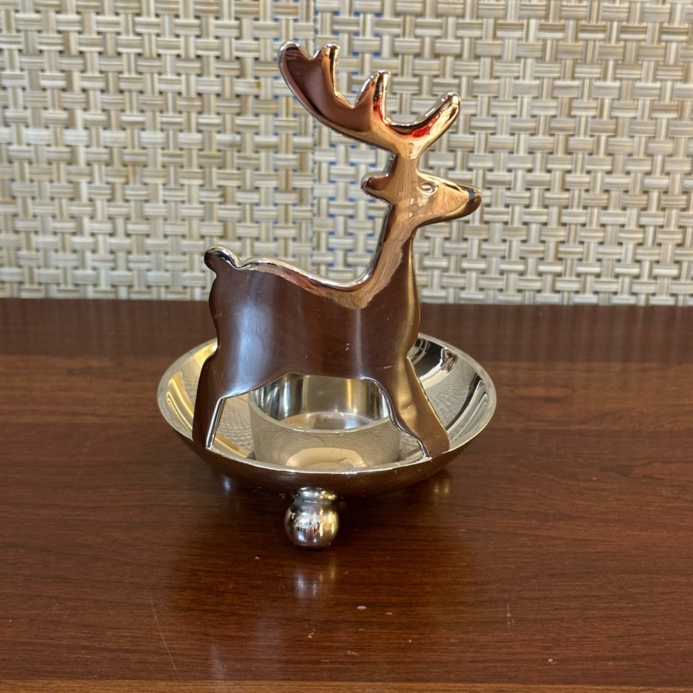 🎄Crate & Barrel Silver Tone Reindeer Votive Tea Light Candle Holder Ball Feet